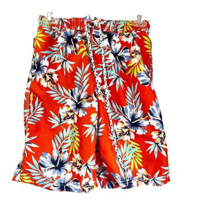 E Land Boys Red Tropical Swim Trunks 12 Shorts American Classic Floral Pull On